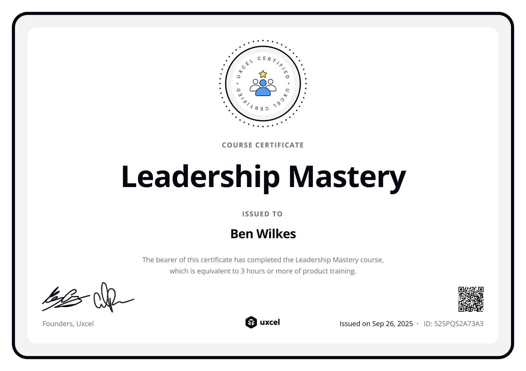 Ben Wilkes's certificate